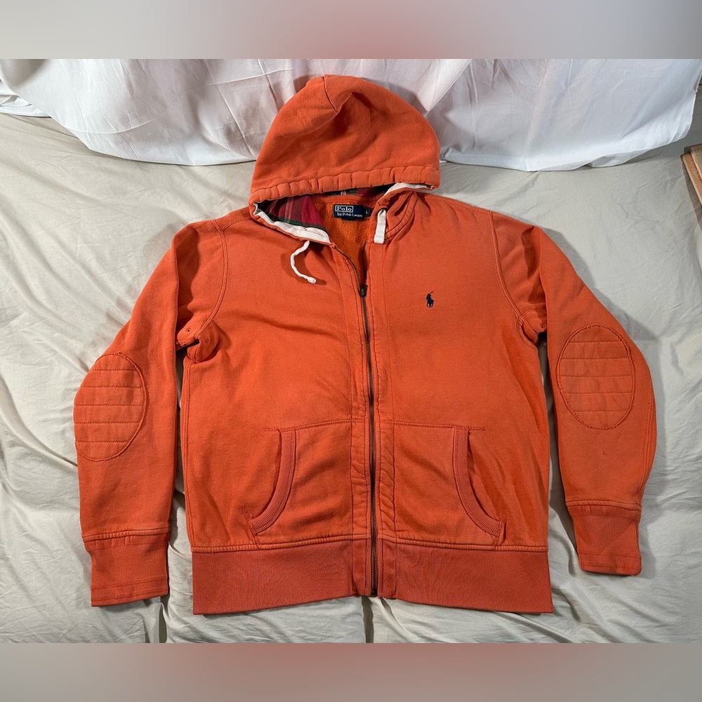 Polo Ralph Lauren Hoodie Orange FullZip Heavyweight Elbow Patch Plaid Hood Large